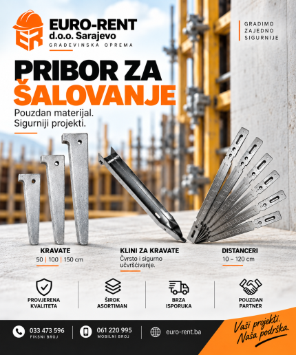 Euro-Rent pribor za šalovanje: kravate od 50, 100 i 150 cm, klini za kravate i distanceri od 10 do 120 cm.